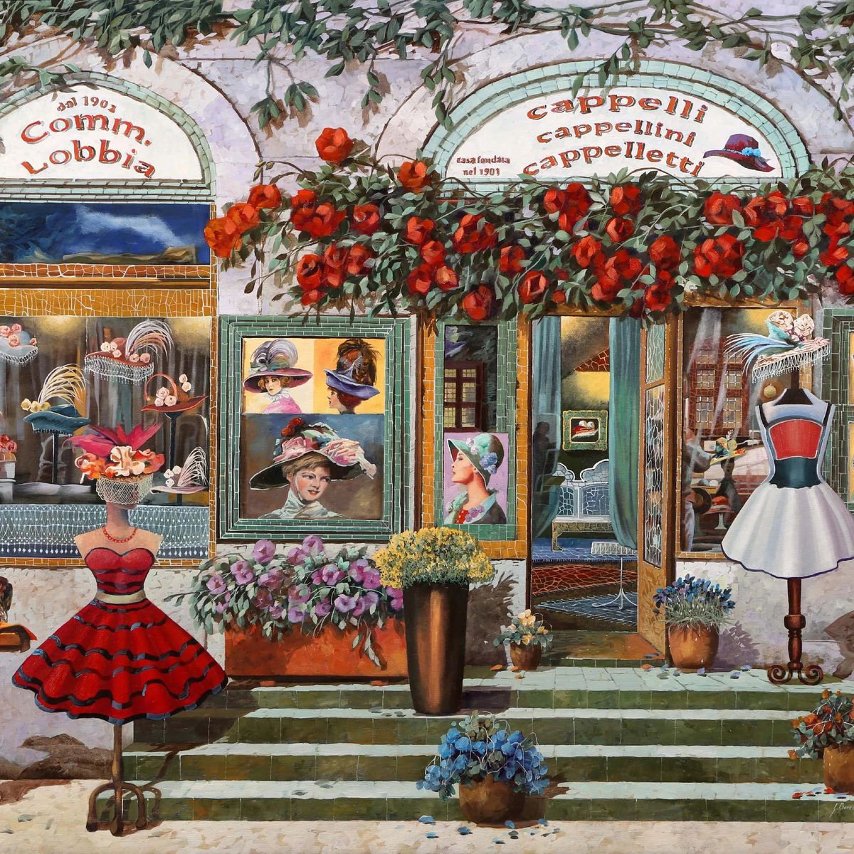 Quaint vintage clothing shop storefront with red flowers, display windows, and colorful retro fashion items