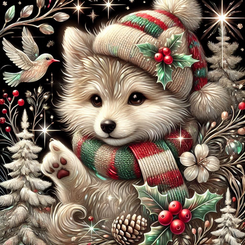 Illustrated fox in Christmas hat and scarf with holiday ornaments and flowers