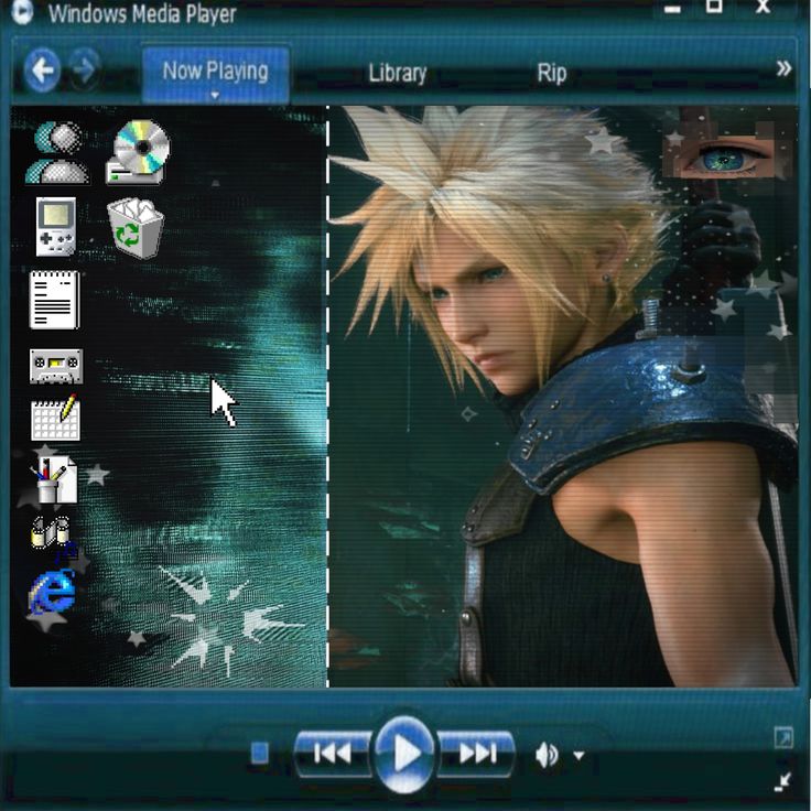 Windows Media Player styled desktop featuring Cloud Strife with icons and dark teal background