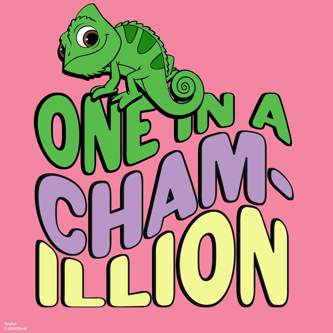 Pascal the green chameleon cartoon character with 'One in a Chameleon' text on pink background