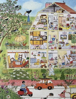 Cross-section view of illustrated dollhouse with multiple rooms, garden, and street scene