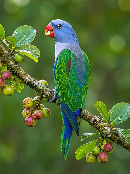 Blue-rumped parrot perched on a branch with blue head and green body.