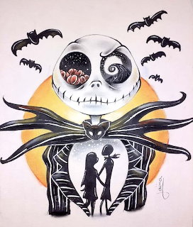 Drawing of Jack Skellington with bats flying around, a black cat, and silhouettes of Jack and Sally