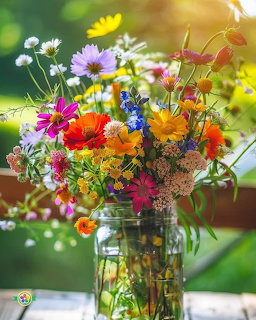 Vibrant wildflower arrangement in glass vase with orange, pink, yellow, and purple blooms in natural outdoor setting