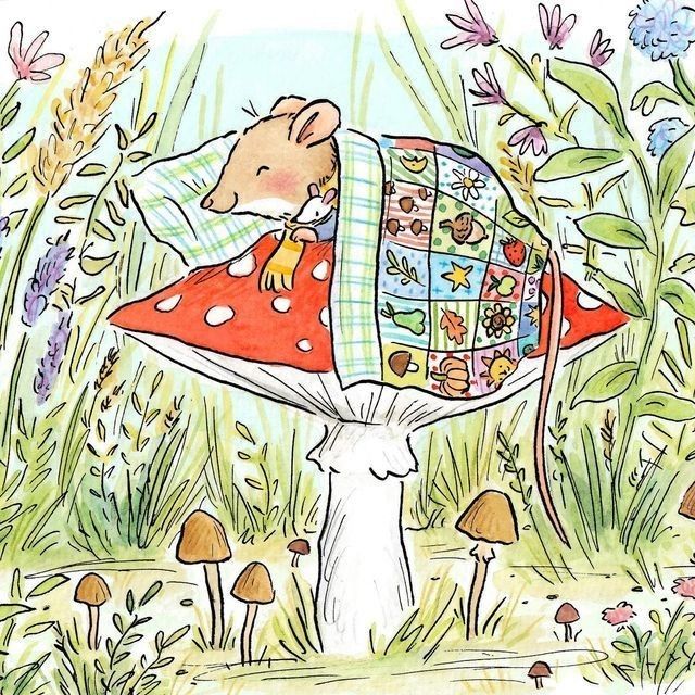 Illustration of a sleeping mouse under a quilt on a red spotted mushroom among grass and wildflowers
