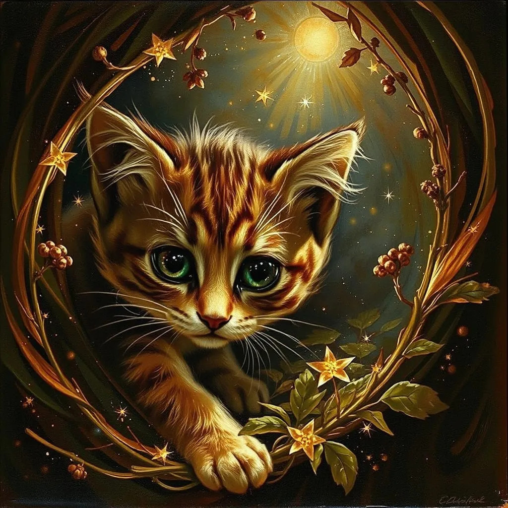 Illustrated tabby kitten with big green eyes inside a wreath of branches, leaves, and glowing stars