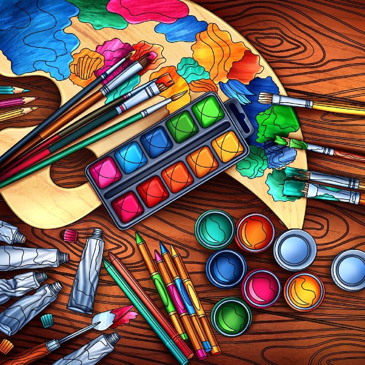 Watercolor palette, paintbrushes, and colorful art supplies on wood table
