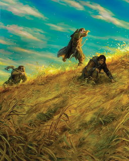 Fantasy warriors in armor moving through golden grass under turquoise sky