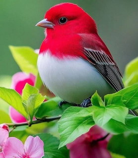 Red and white bird perched on a branch with green leaves and pink flowers