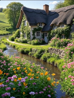 Thatched cottage with colorful garden flowers along a stream in green countryside
