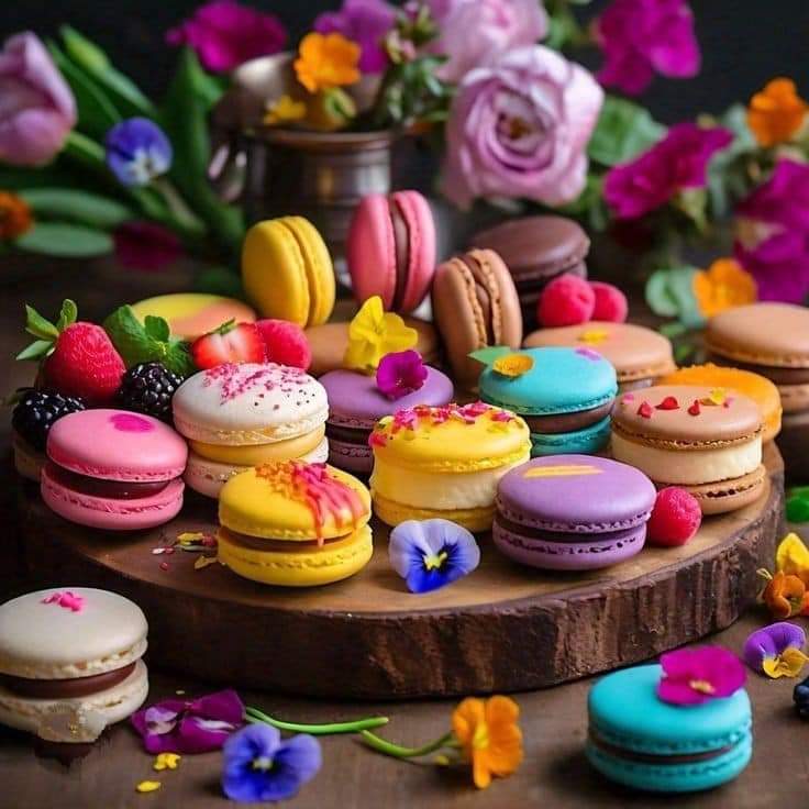 Colorful macarons on a wooden board with fresh berries and flowers against a dark background