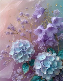 Blue hydrangeas and purple bellflowers with gold leaf details on pastel pink and green background