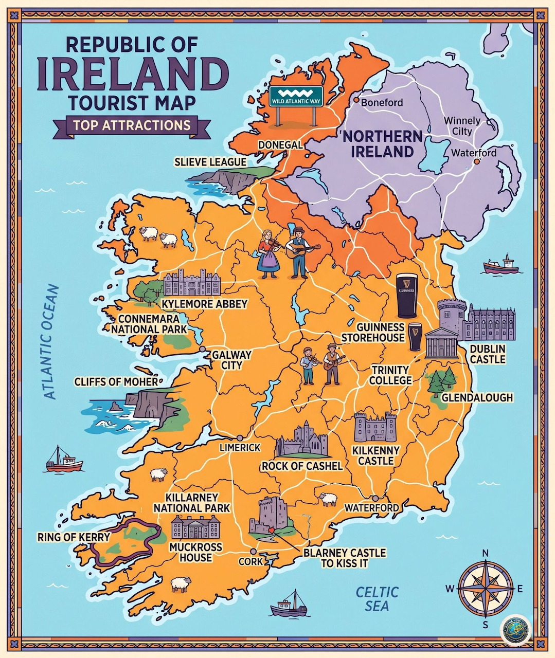 Illustrated tourist map of Ireland with landmarks, attractions, and regional labels