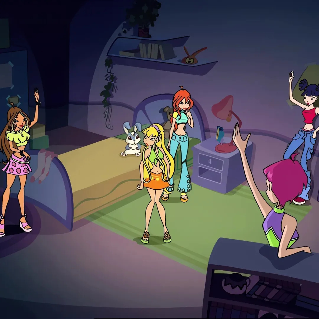Cartoon girls in a bedroom, with one holding a bunny and others dancing around the room