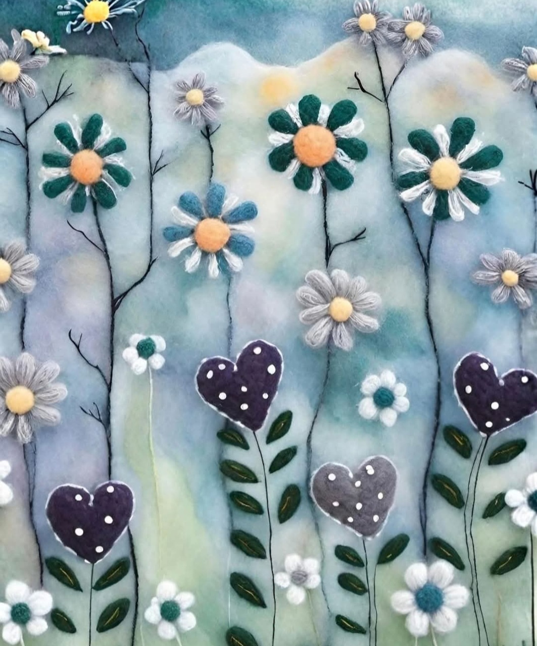 Felt art with white and teal daisy flowers, yellow centers, and purple polka-dot hearts on a pastel watercolor background