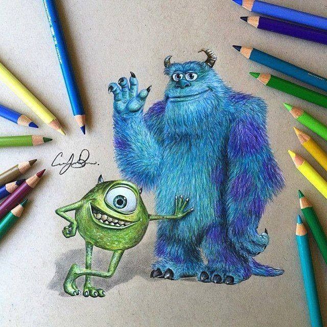 Colored pencil drawing of blue furry monster Sulley and green one-eyed Mike from Monsters Inc with pencils around