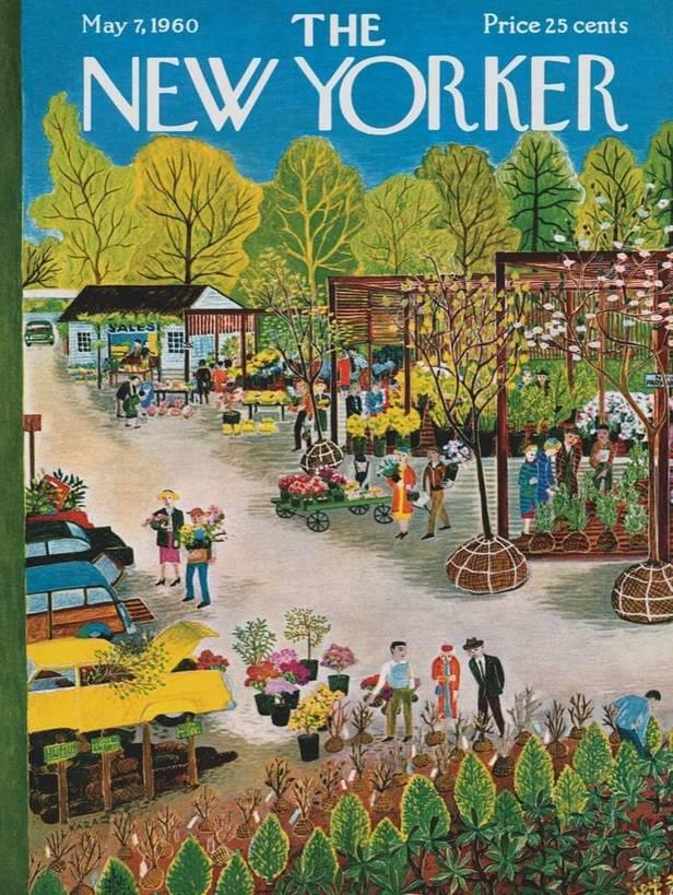 The New Yorker magazine cover showing people shopping at an outdoor flower market surrounded by trees and gardens