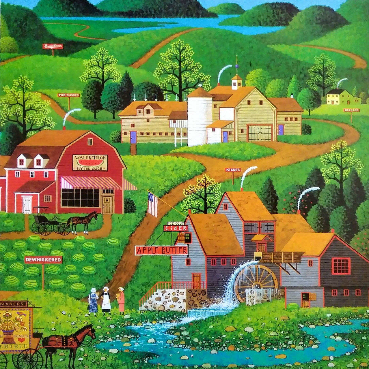 Folk art village with watermill, red barn, river, green hills and houses