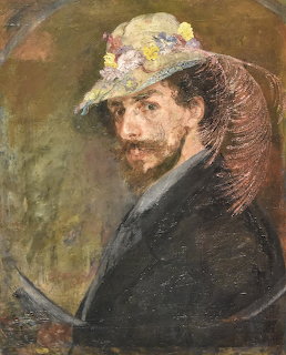 Oil painting self-portrait of a bearded man in dark jacket wearing a straw hat decorated with colorful flowers