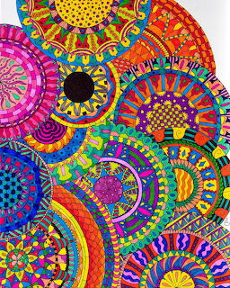 Multiple colorful mandala circles with detailed geometric patterns overlapping on white background