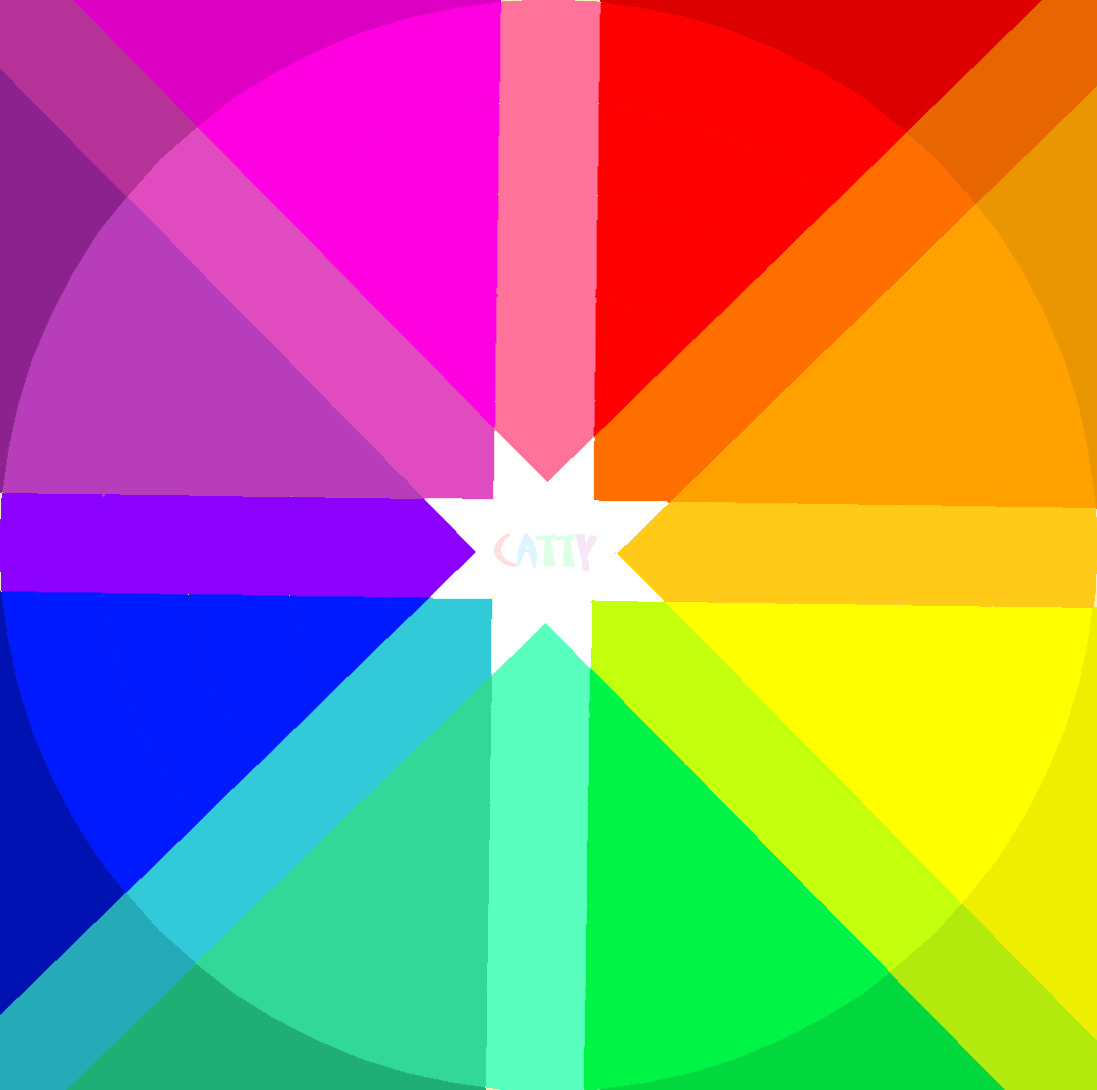 Radial rainbow color wheel with segments radiating from white center star in geometric pattern