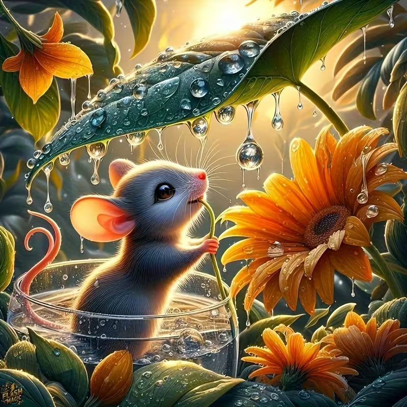 Illustrated gray mouse in a water glass sheltering under a leaf beside orange flowers