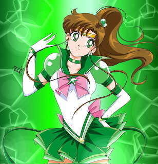 Anime girl in a green sailor-style outfit with long brown hair on a bright green background