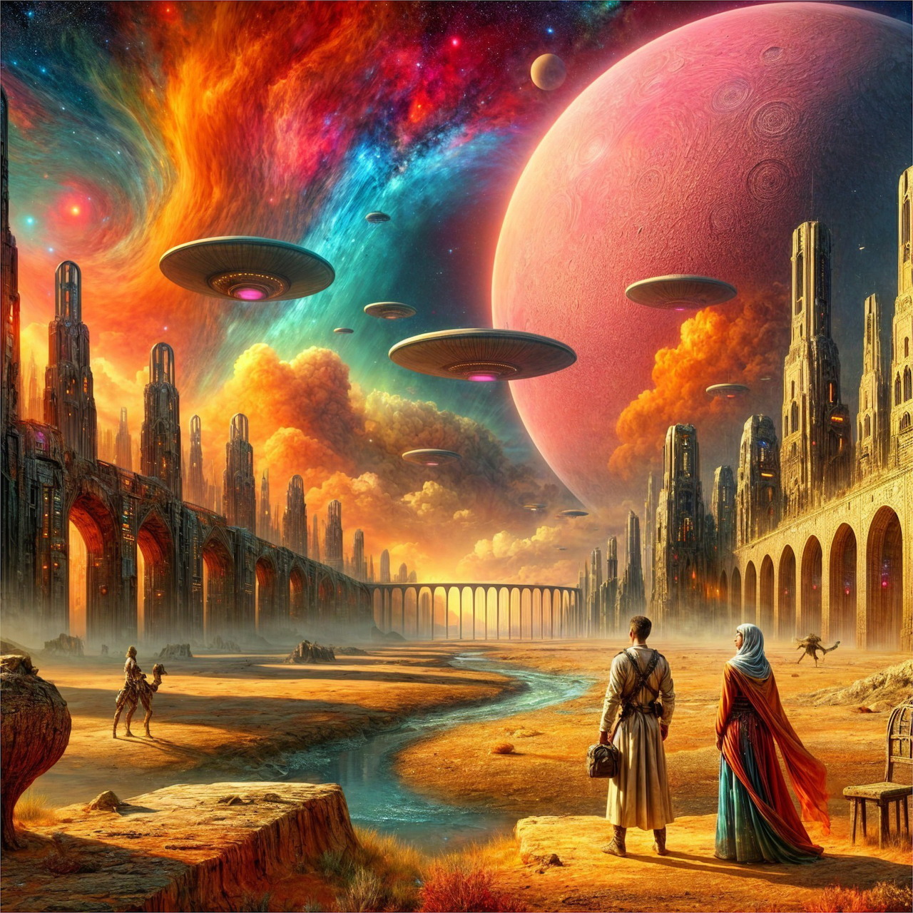 Surreal alien cityscape with flying saucers, glowing towers, colorful space sky, and robed figures on desert ground