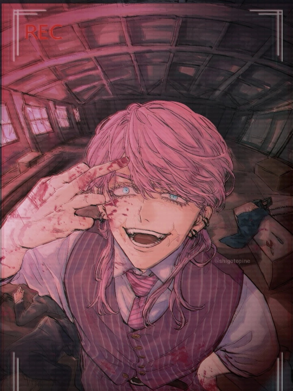 Anime character Haruchiyo Sanzu with pink hair, smiling in a dark room