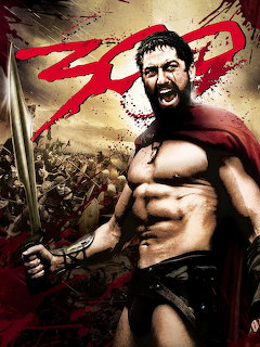 Muscular Spartan warrior shouting in red cape with 300 text and battle scene background