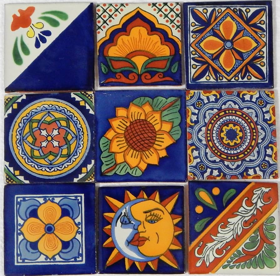 Grid of nine decorative Talavera tiles with floral and geometric patterns in orange, blue, green, and white
