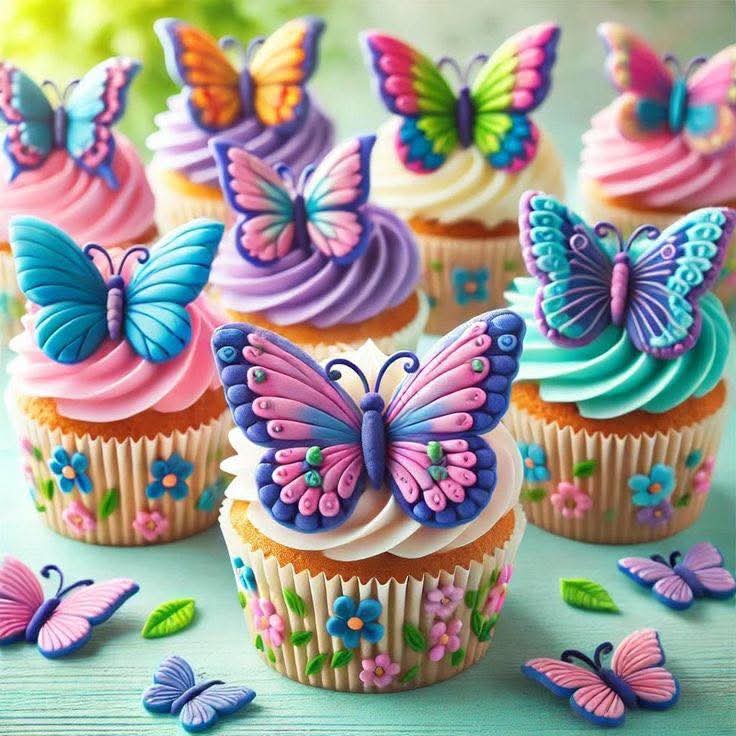 Cupcakes with pastel frosting decorated with colorful butterfly toppers in pink, purple, and blue shades