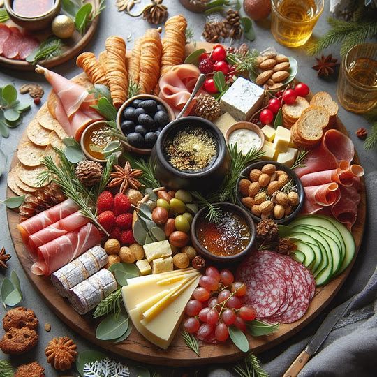 Overhead view of a large charcuterie board with meats, cheeses, fruits, crackers, and festive garnishes