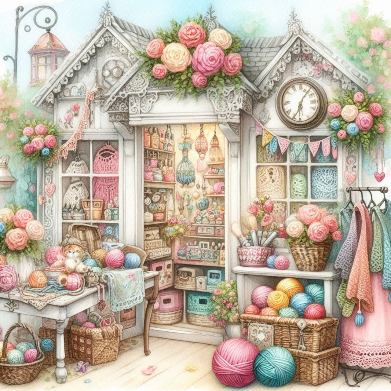 Illustrated cozy shop interior with yarn baskets, pink roses, bunting, clock, and shelves of craft supplies