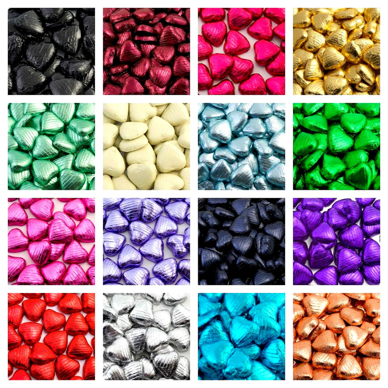 Grid of colorful foil-wrapped heart-shaped chocolates in 16 square panels