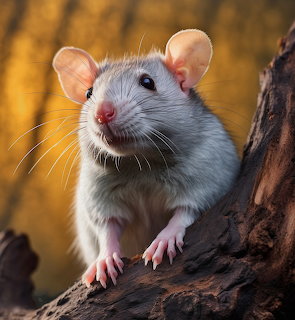 Small gray mouse on a tree branch with a blurred golden forest background
