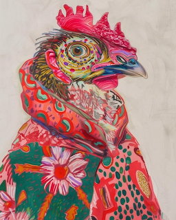 Colorful decorative rooster with ornate floral and geometric patterns in pink, red, and green