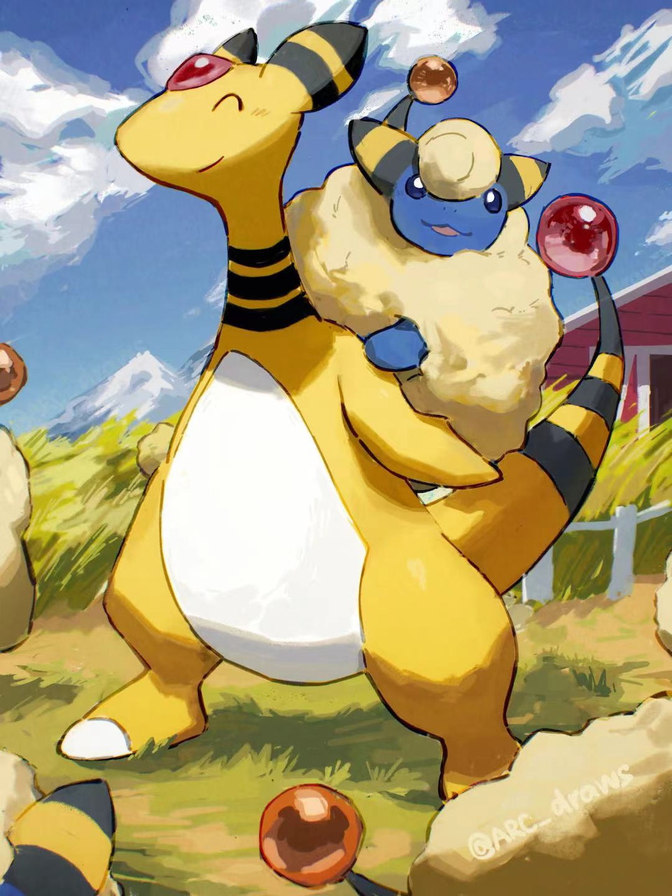 Digital illustration of Ampharos and Marill Pokémon standing outdoors near a red barn