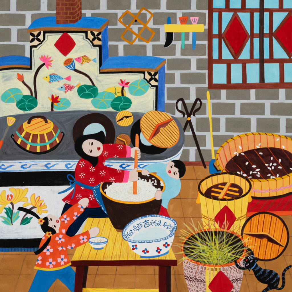 Folk art style kitchen scene with two people cooking amid colorful traditional Chinese décor and food