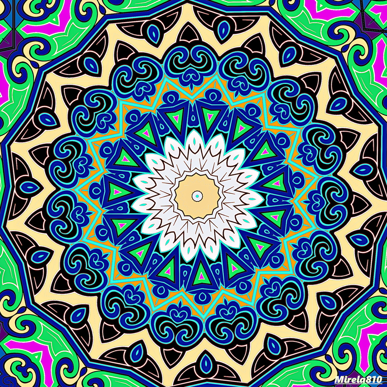 Colorful symmetrical mandala pattern with blue, green, and yellow ornate geometric designs
