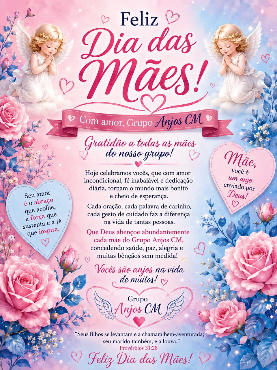 Mother's Day card with angels, pink roses and Portuguese text 'Feliz Dia das Mães'