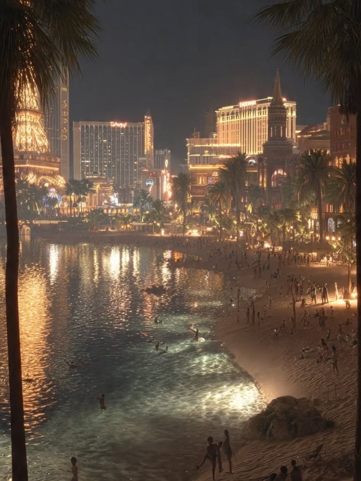Las Vegas Strip at night with lit hotels, palm trees, and water reflections
