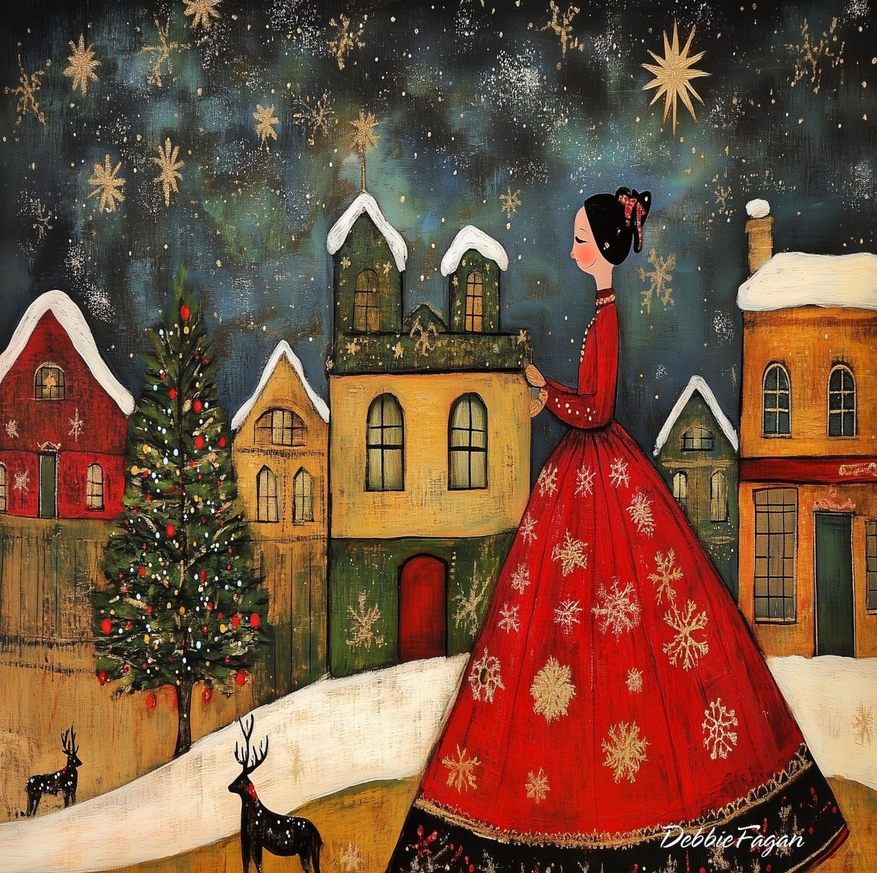 Woman in red snowflake gown beside Christmas tree and colorful village houses under starry sky