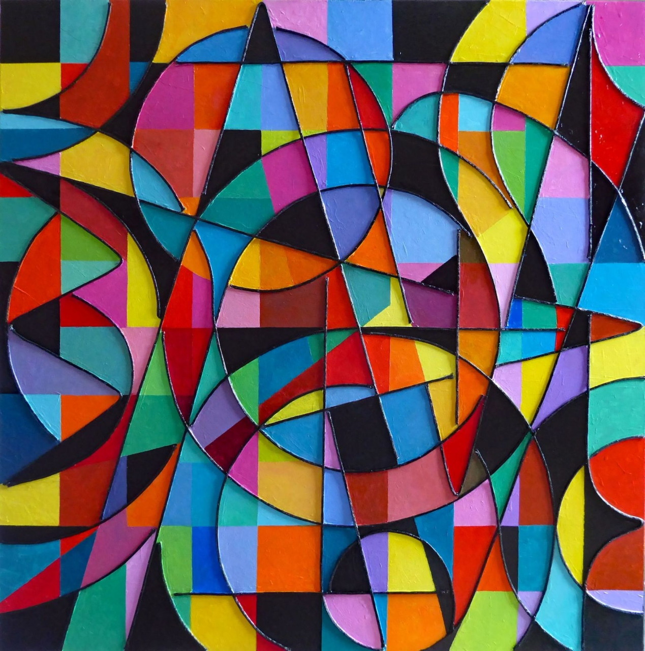 Colorful abstract geometric art with overlapping circles and triangles in vibrant colors