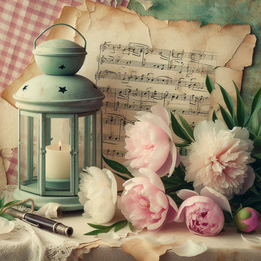 Pink peonies with a vintage lantern, candle, and sheet music on a soft pastel background