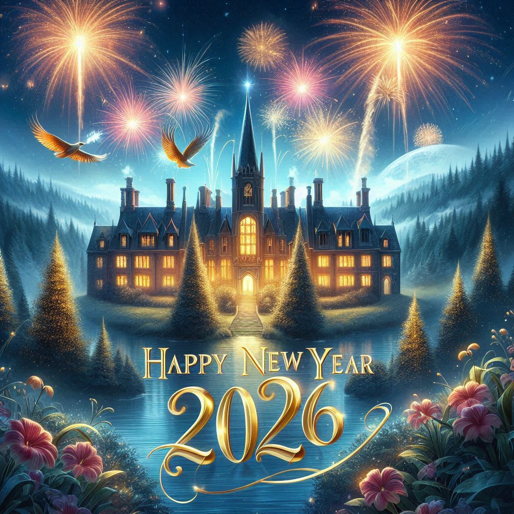 Fantasy castle at night with fireworks, birds, flowers, and Happy New Year 2026 text