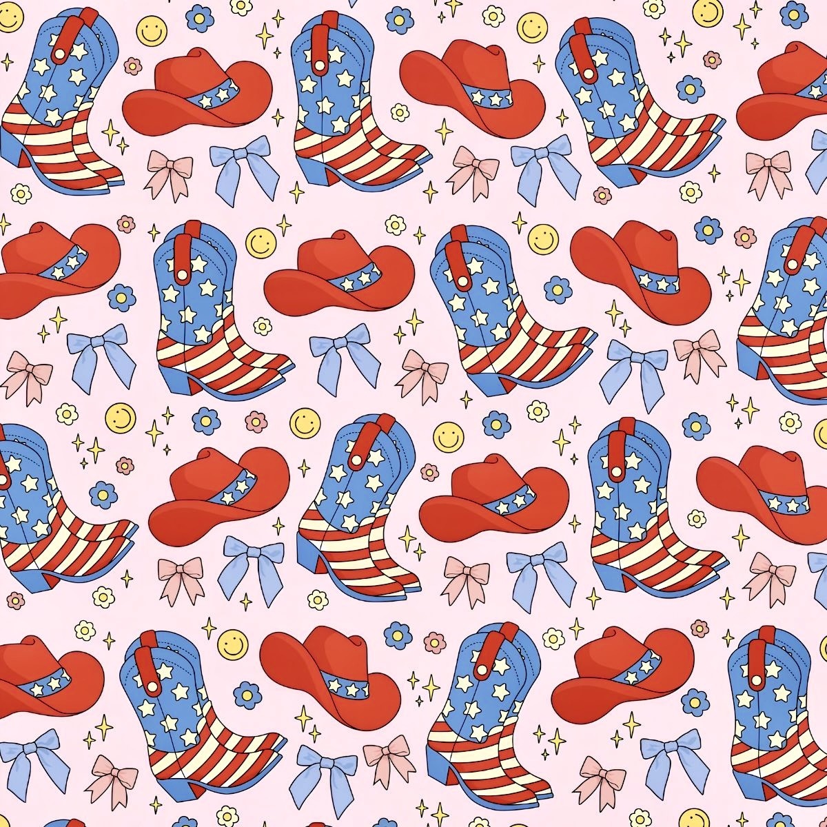 Seamless pattern of red cowboy hats and patriotic blue boots with stars and stripes on cream background