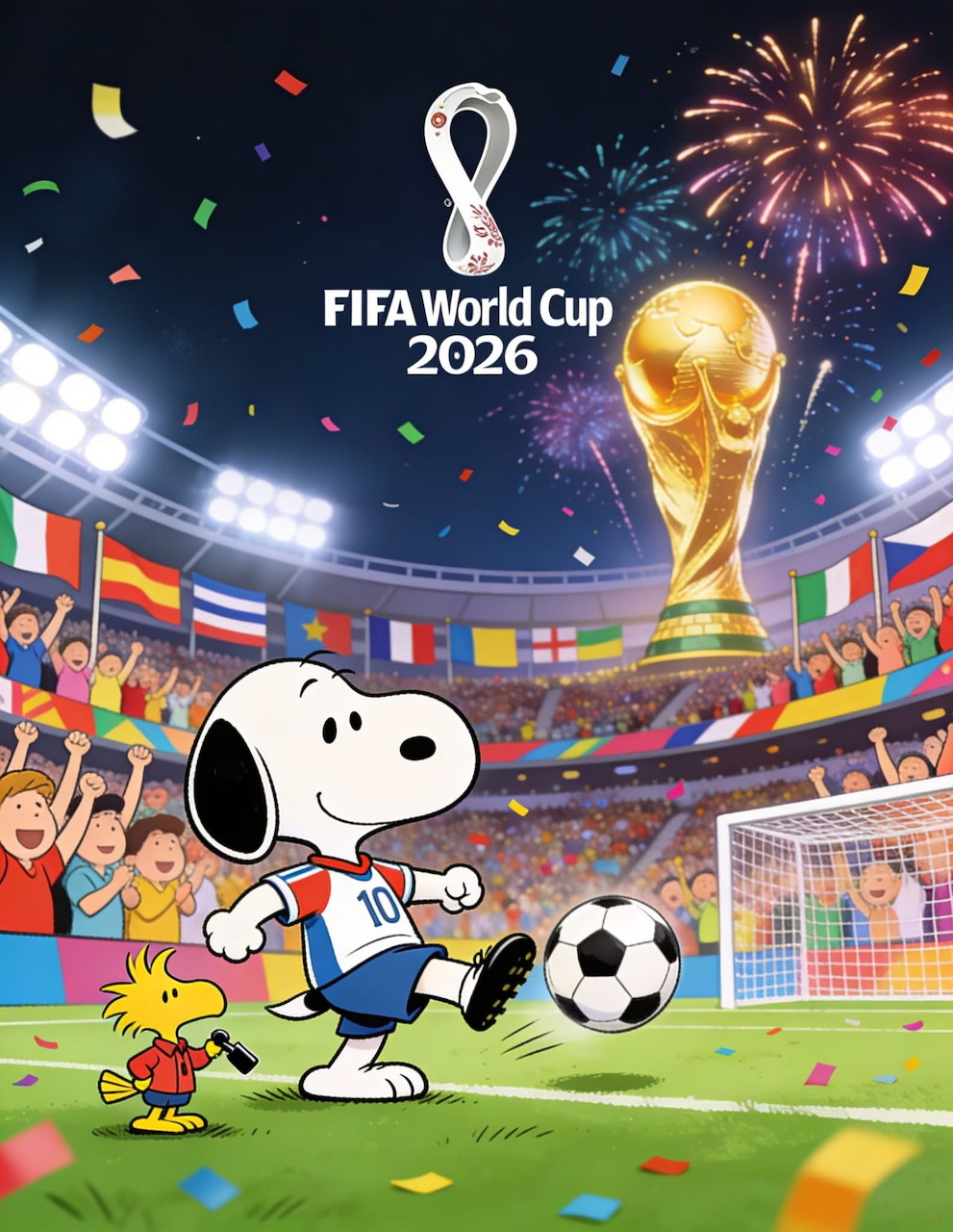 Snoopy kicks a soccer ball in a packed stadium beside Woodstock with a trophy, flags, and fireworks.
