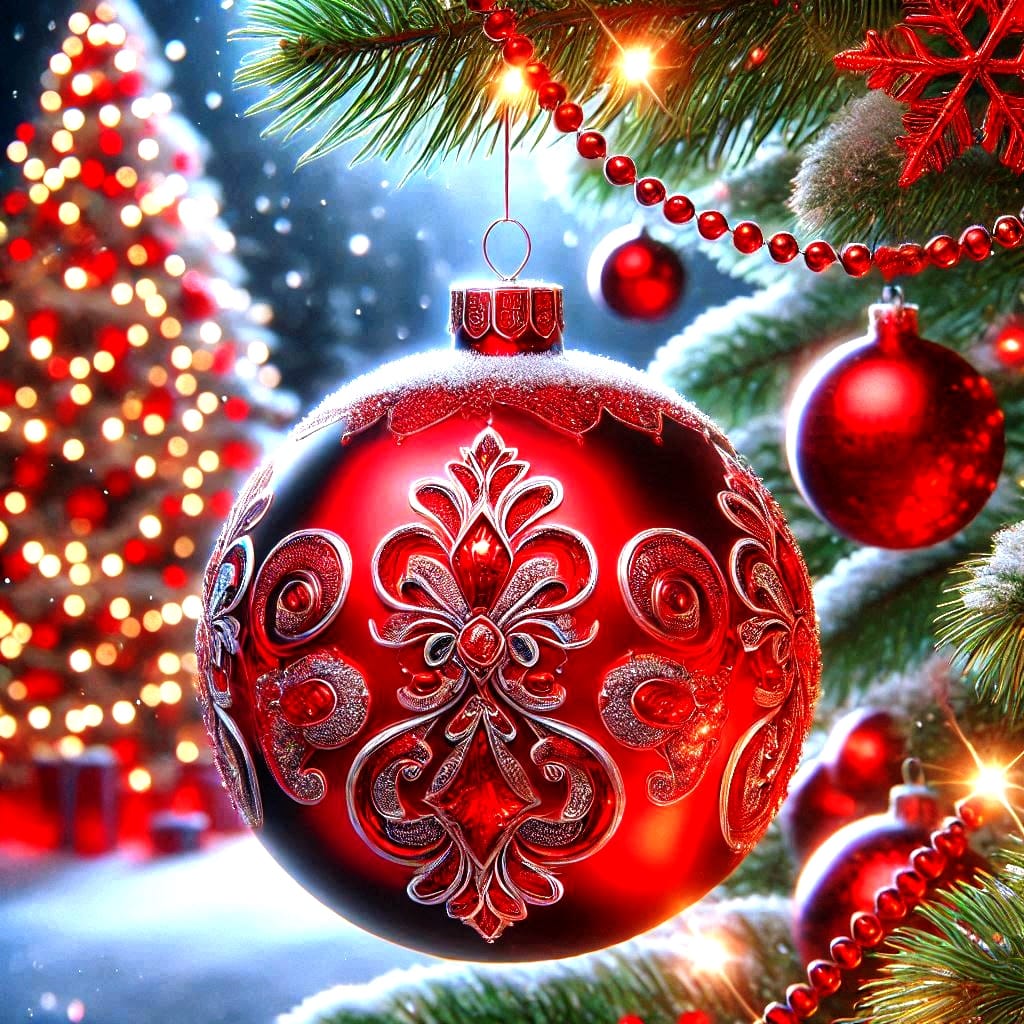 Detailed red Christmas ornament with silver decorative patterns hanging among evergreen branches and holiday decorations