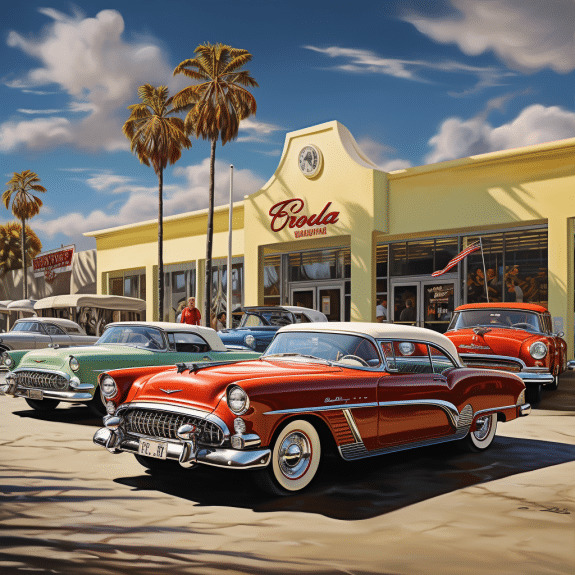 Classic 1950s cars parked in front of yellow diner building with palm trees under blue sky
